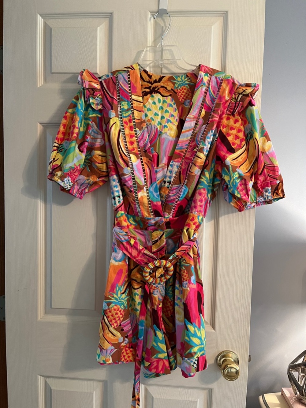 FARM Rio Tropical Fruit Print Puff-Sleeve Mini Romper, XL